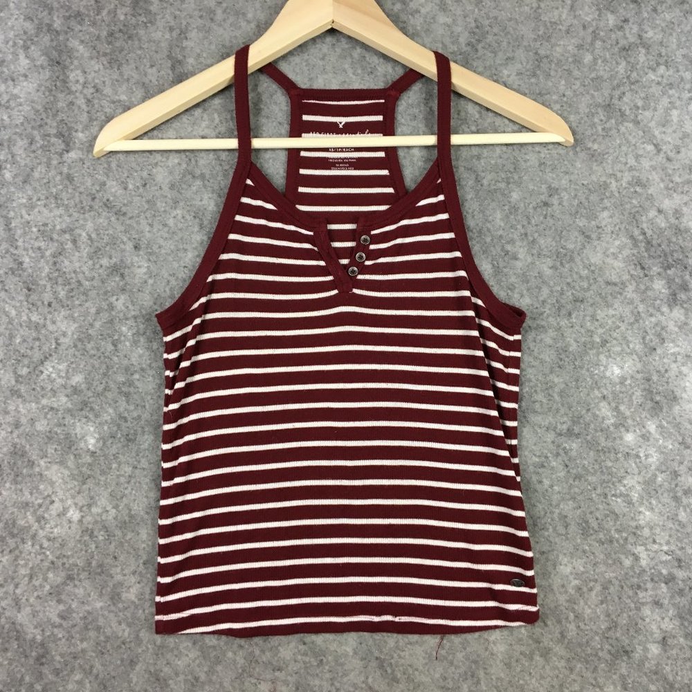 American Eagle Tank Top Womens XS Red White Striped Button Rib Knit Racerback